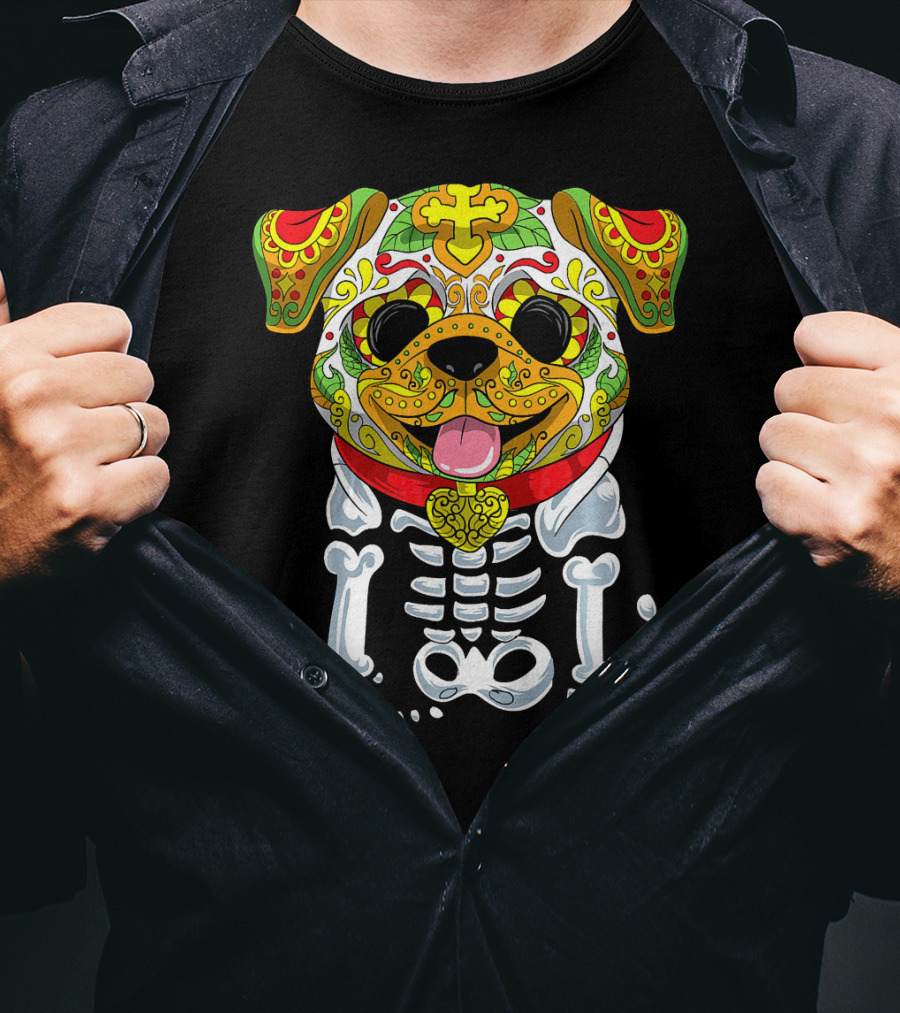 Dia De Los Muertos And Halloween Sugar Skull Dog Skeleton T-Shirt