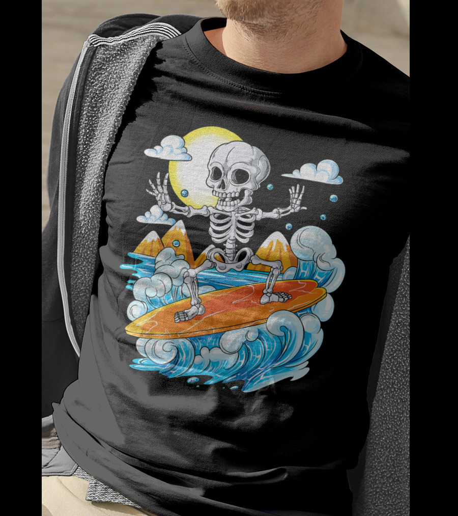 Skeleton Surfing Halloween On Hawaiian Waves With Sun And Clouds T-Shirt