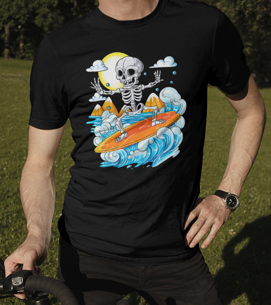 Skeleton Surfing Halloween On Hawaiian Waves With Sun And Clouds T-Shirt