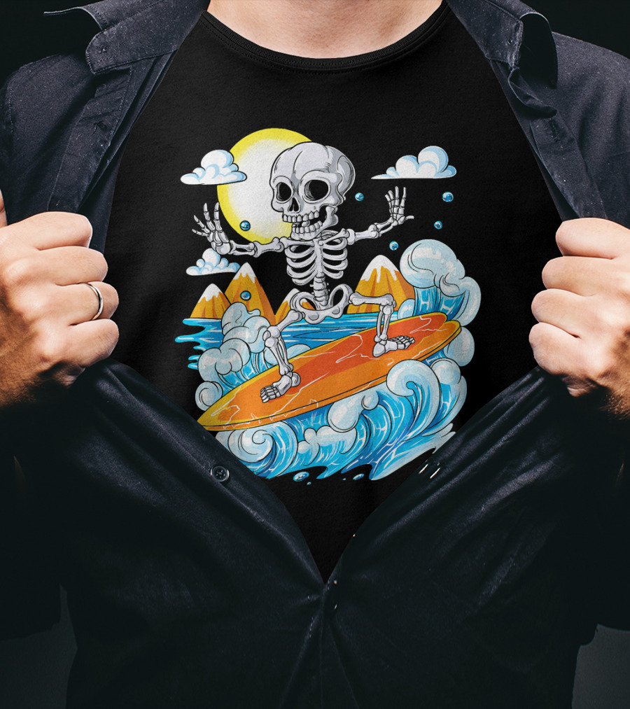 Skeleton Surfing Halloween On Hawaiian Waves With Sun And Clouds T-Shirt