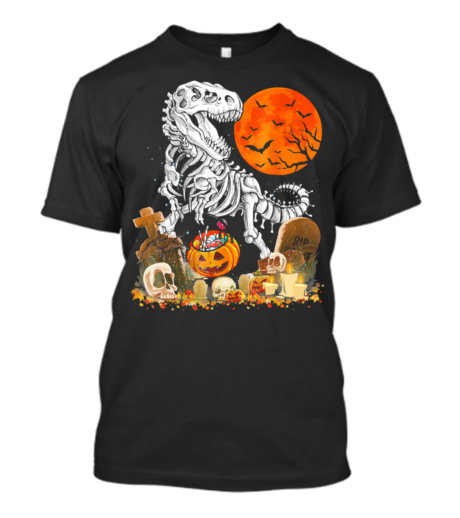 Halloween Dinosaur Rex Skeleton With Pumpkin And Full Moon T-Shirt