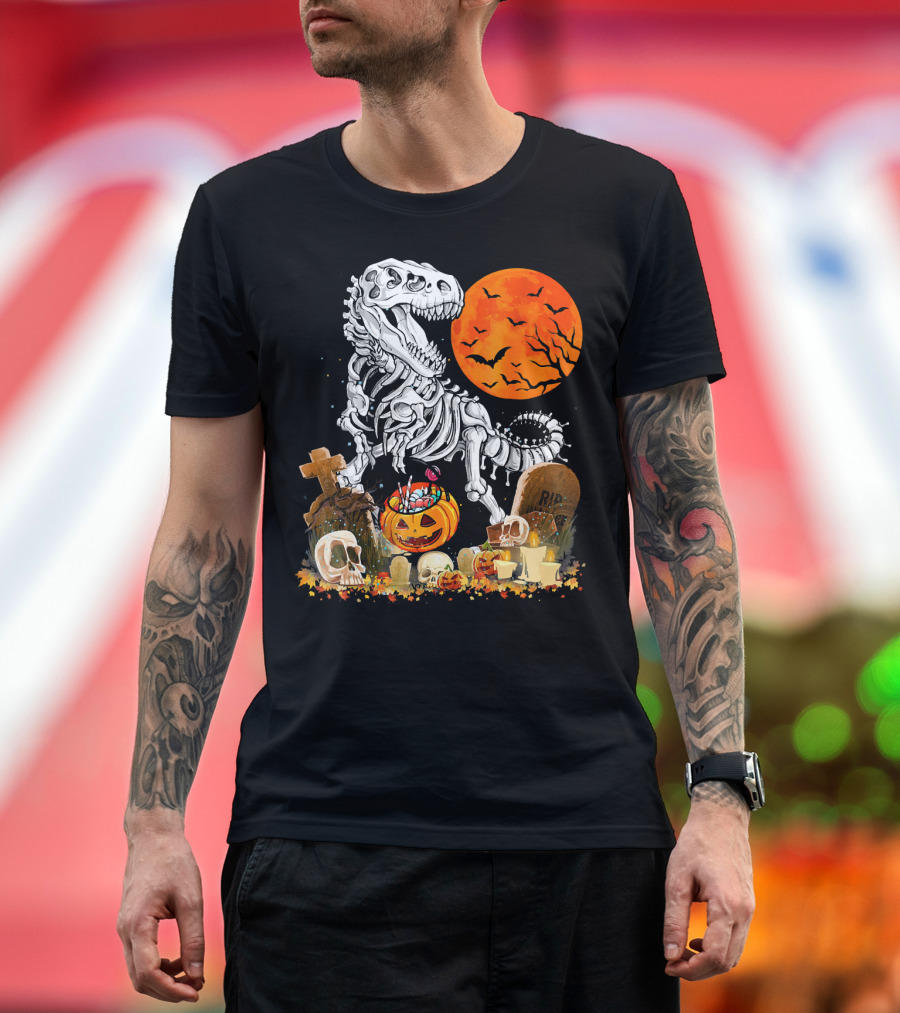 Halloween Dinosaur Rex Skeleton with Pumpkin and Full Moon T-Shirt