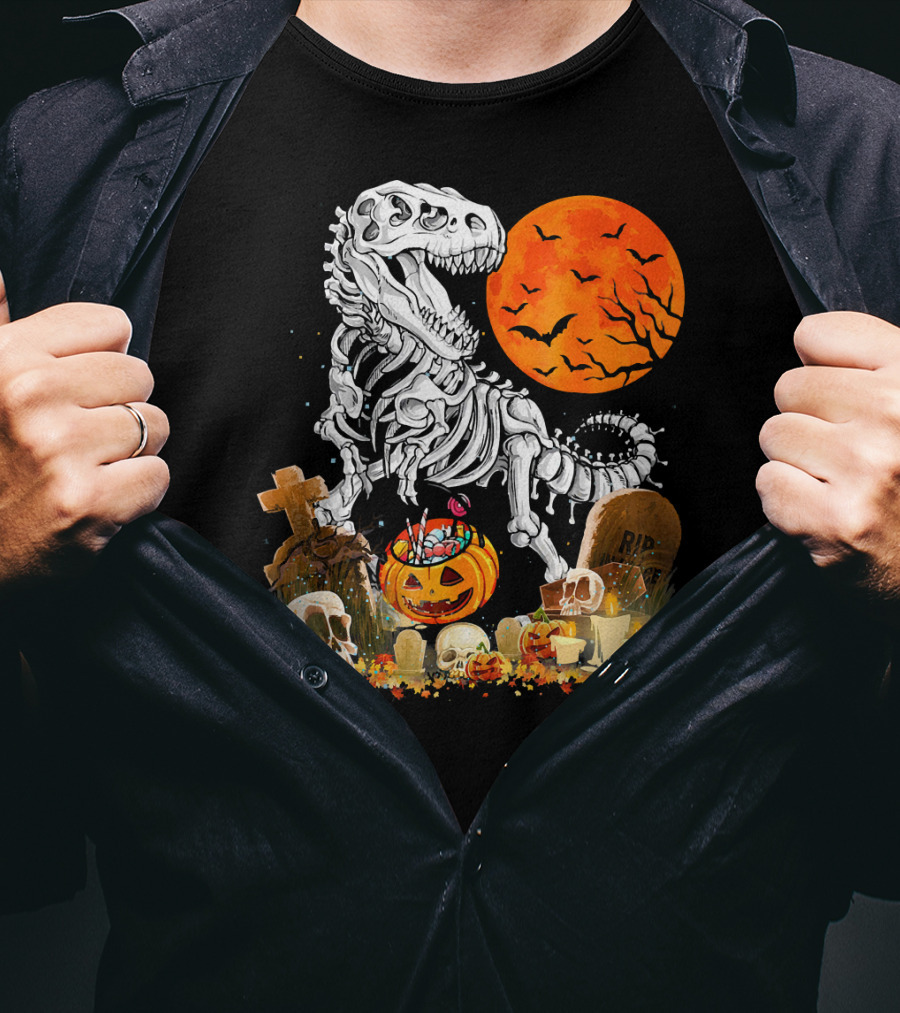 Halloween Dinosaur Rex Skeleton With Pumpkin And Full Moon T-Shirt