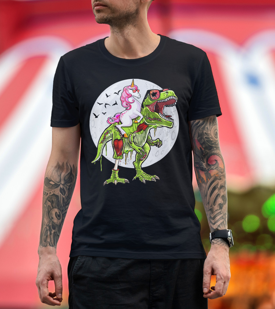 Funny Halloween Unicorn Riding Zombie Dinosaur with Bats and Full Moon T-Shirt