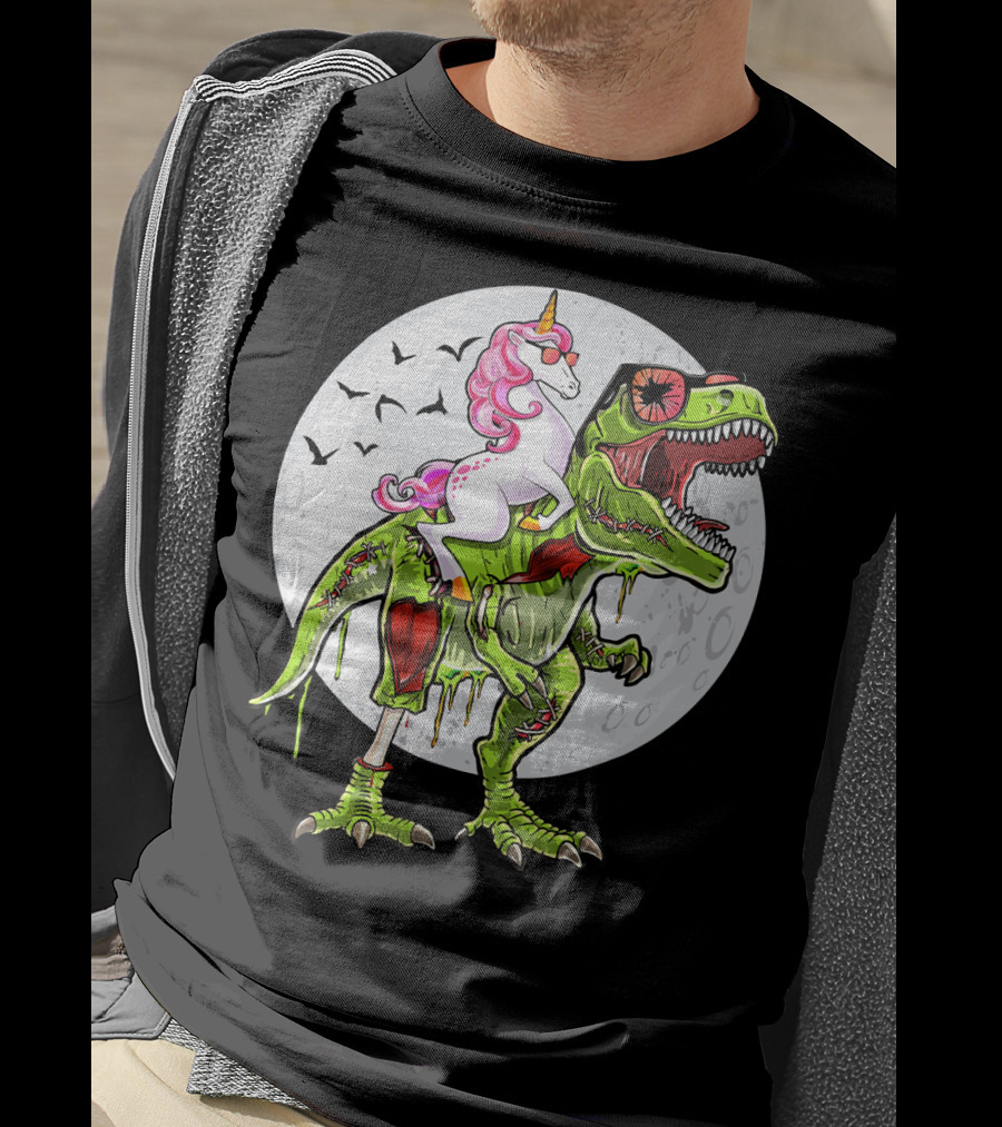 Funny Halloween Unicorn Riding Zombie Dinosaur With Bats And Full Moon T-Shirt