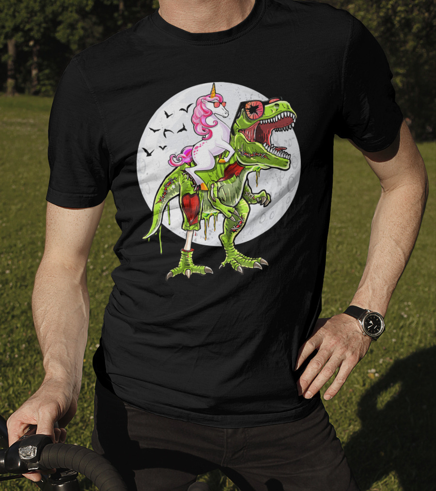 Funny Halloween Unicorn Riding Zombie Dinosaur With Bats And Full Moon T-Shirt