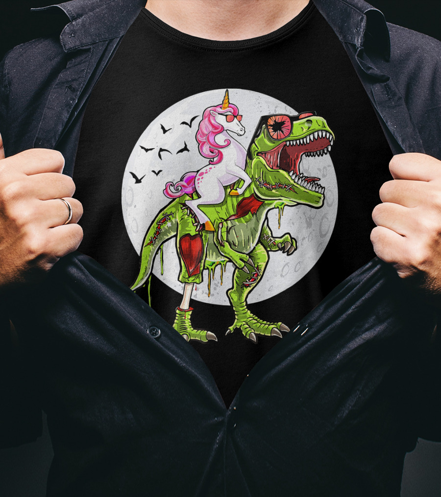 Funny Halloween Unicorn Riding Zombie Dinosaur With Bats And Full Moon T-Shirt