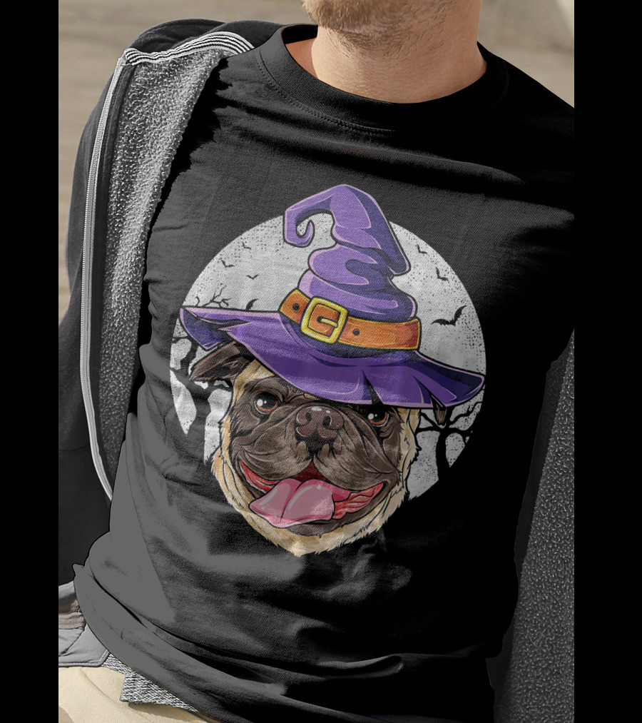 Pug Witch Hat Halloween Moon Bats Forest T-Shirt