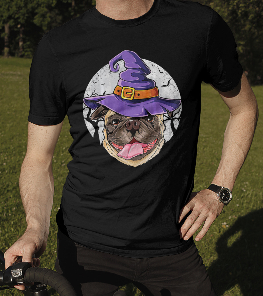 Pug Witch Hat Halloween Moon Bats Forest T-Shirt