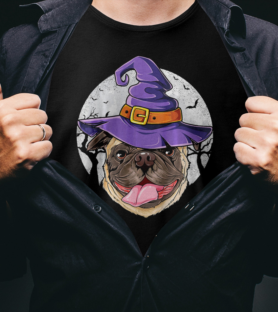 Pug Witch Hat Halloween Moon Bats Forest T-Shirt
