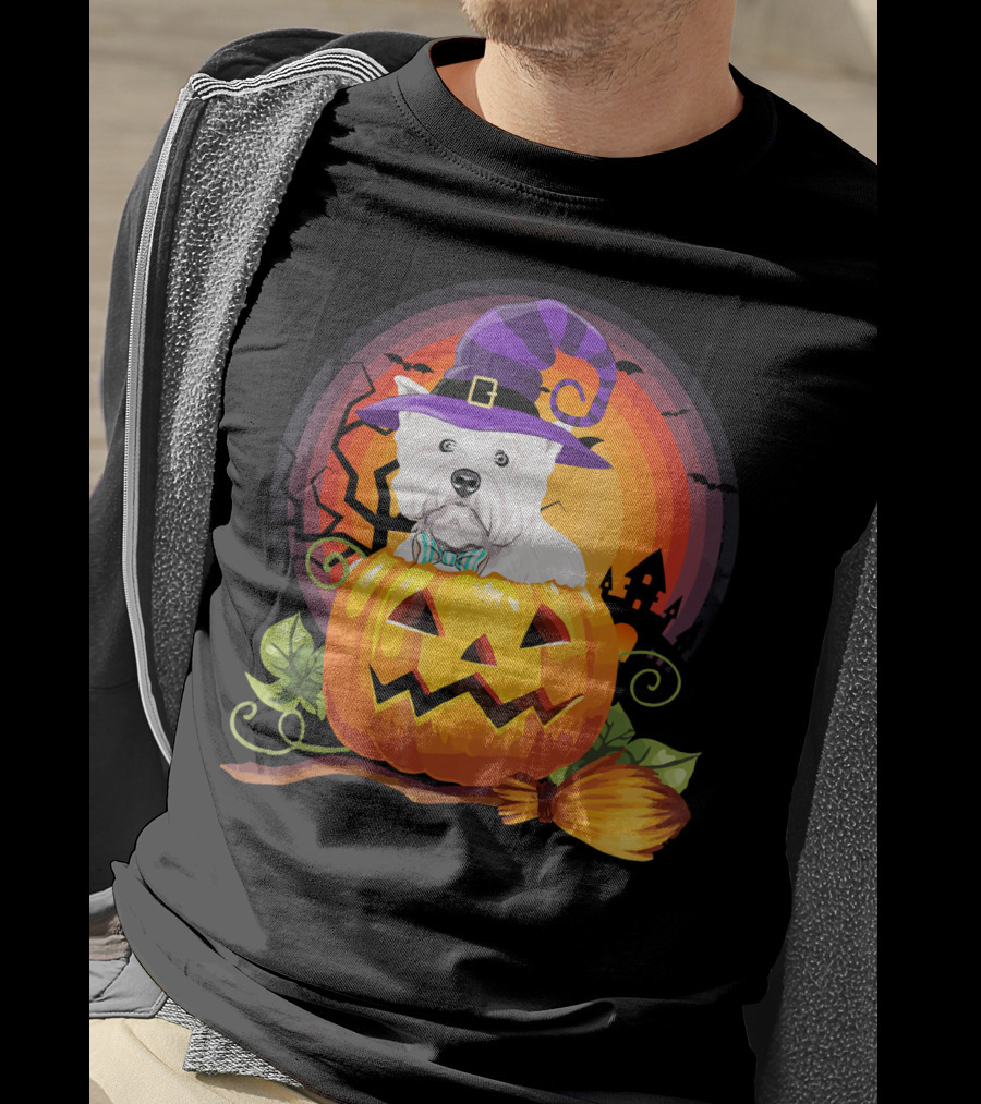 Westie Dog In Witch Hat With Jack-O'-Lantern For Halloween T-Shirt