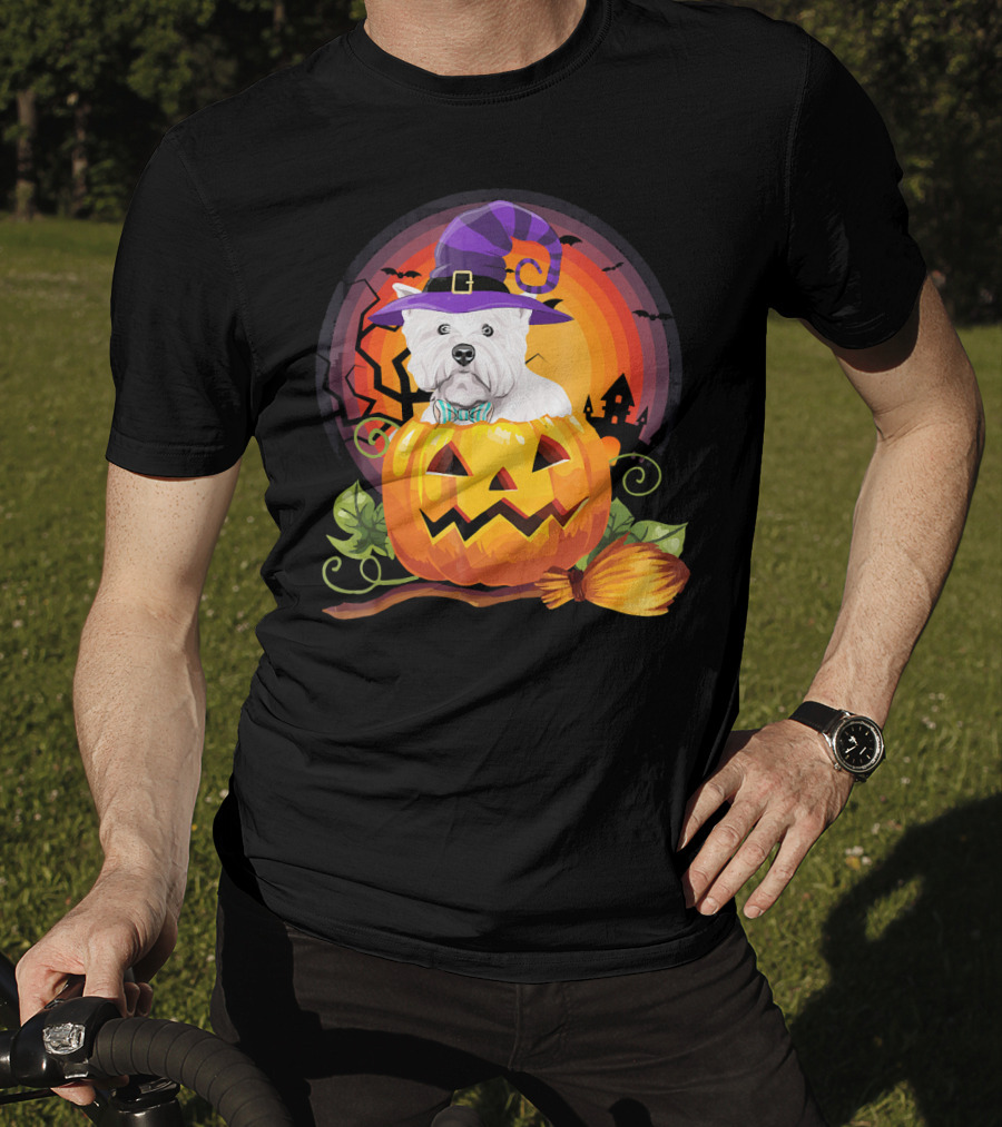 Westie Dog In Witch Hat With Jack-O'-Lantern For Halloween T-Shirt