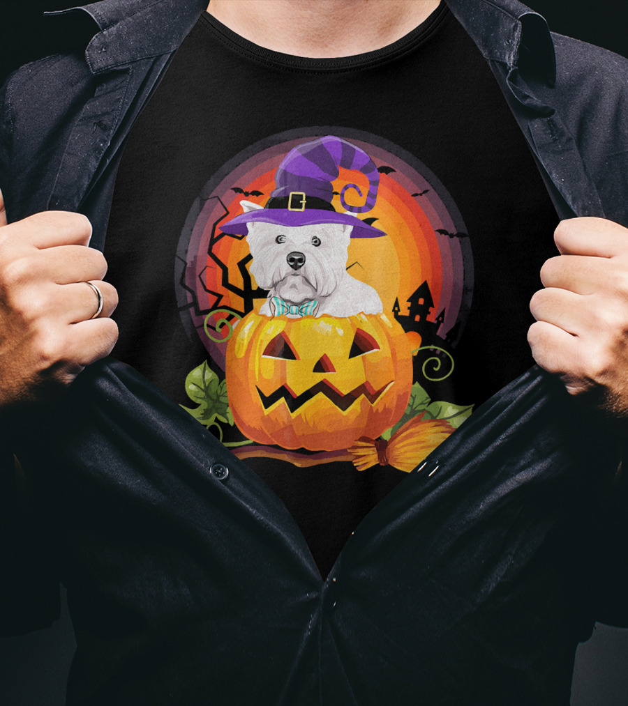 Westie Dog In Witch Hat With Jack-O'-Lantern For Halloween T-Shirt