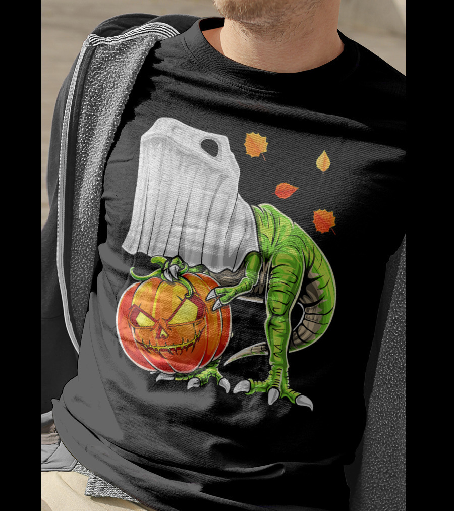 Halloween Dinosaur Ghost Pumpkin Jack Leaves T-Shirt