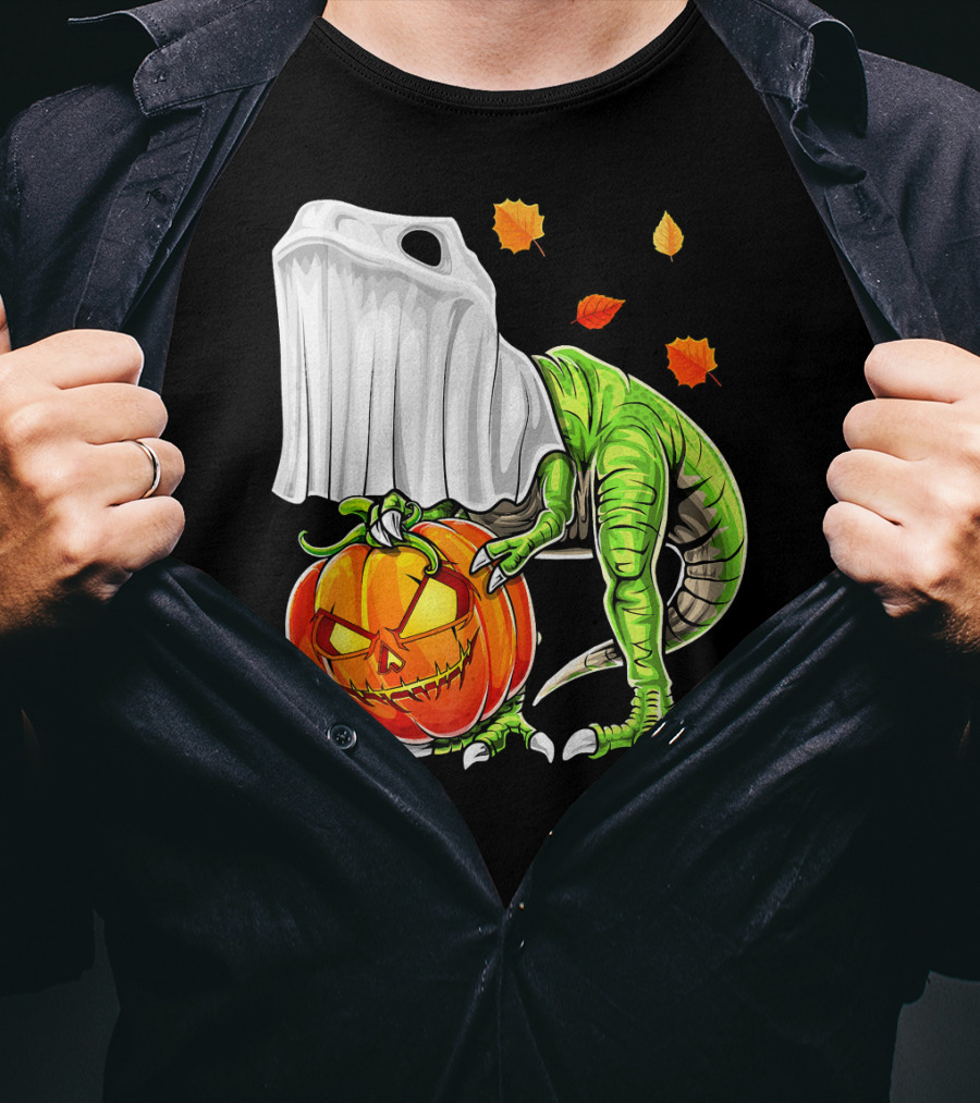 Halloween Dinosaur Ghost Pumpkin Jack Leaves T-Shirt