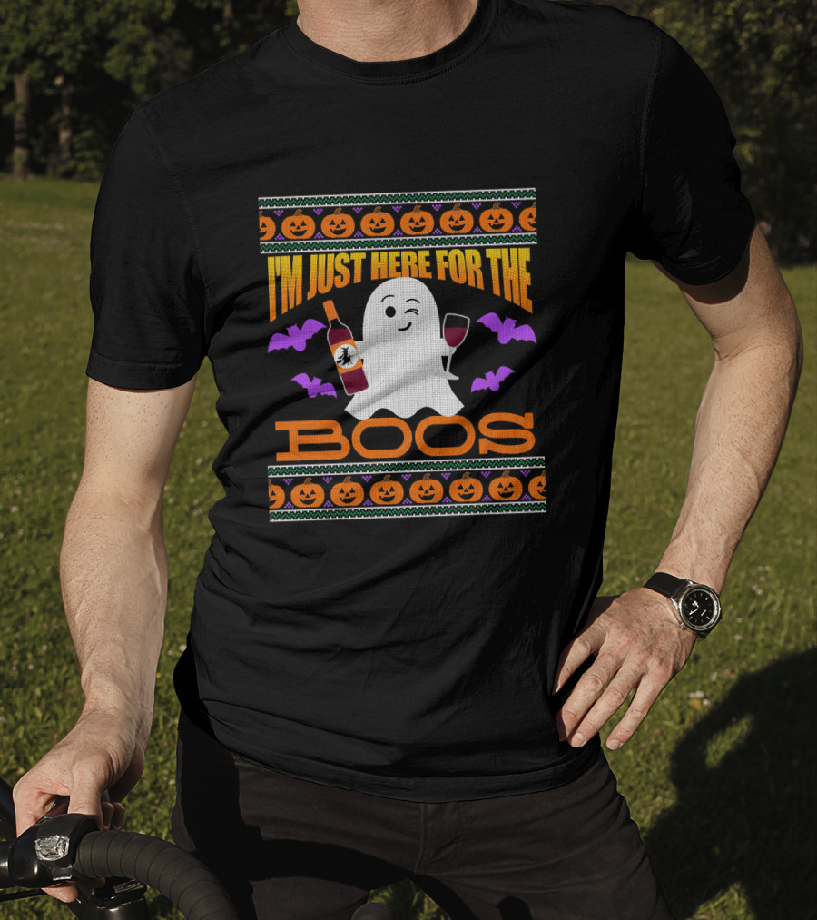 I'm Just Here For The Boos Ugly Halloween Wine Ghost Pumpkins Bats T-Shirt
