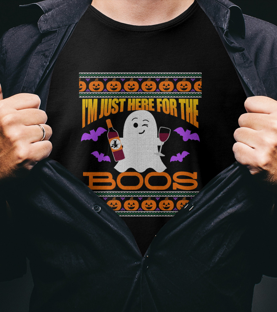 I'm Just Here For The Boos Ugly Halloween Wine Ghost Pumpkins Bats T-Shirt