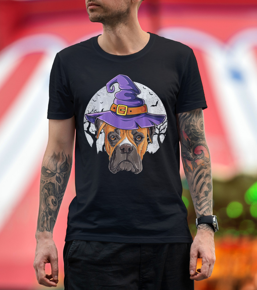 Boxer Dog Wearing Purple Witch Hat Under Full Moon With Bats Halloween T-Shirt