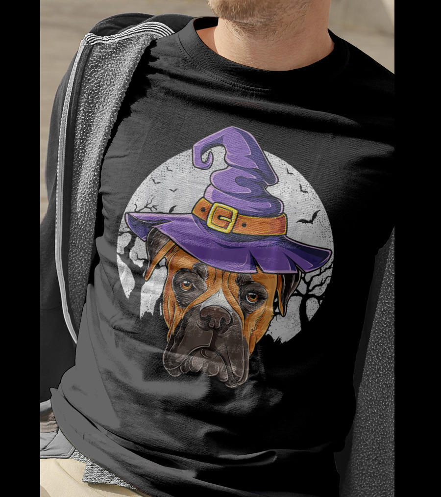 Boxer Dog Wearing Purple Witch Hat Under Full Moon With Bats Halloween T-Shirt