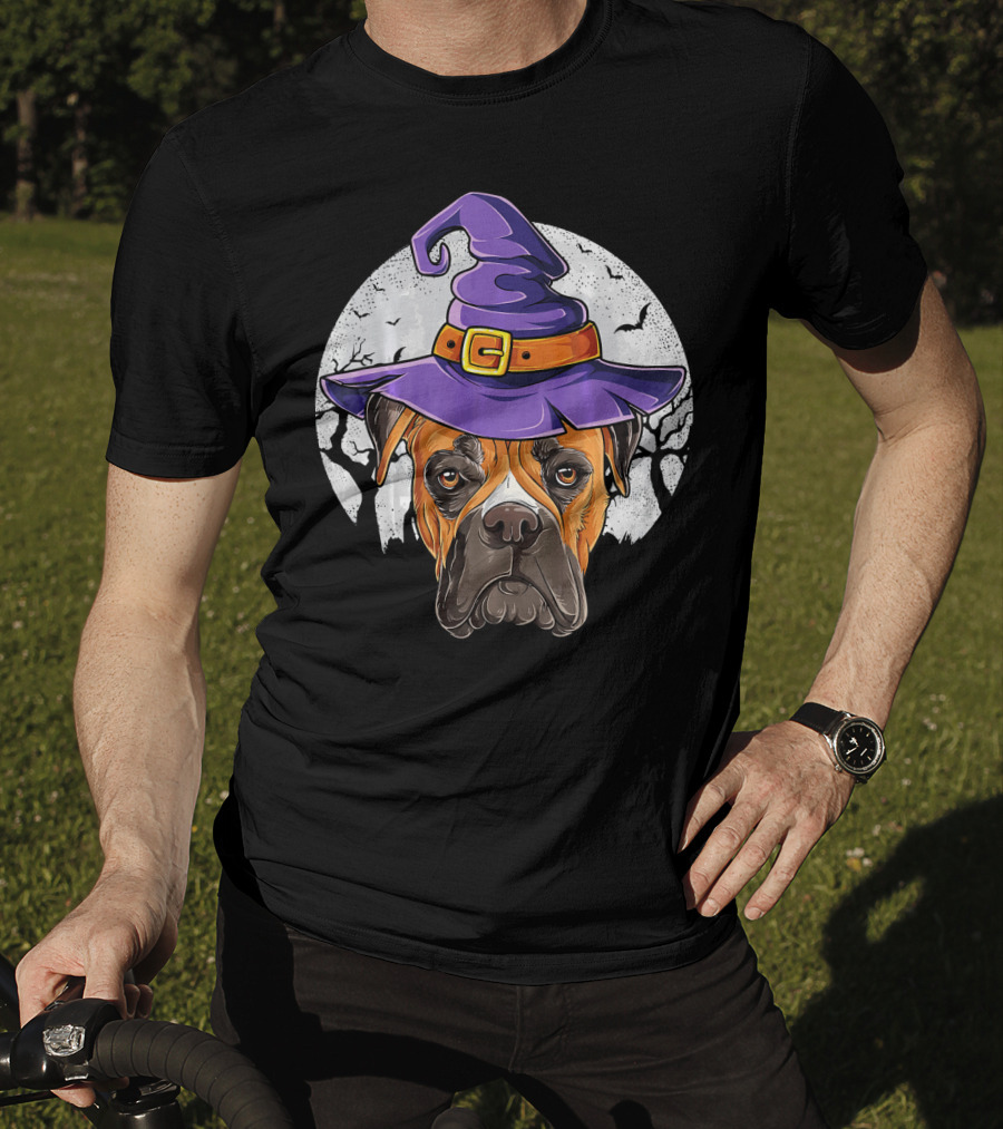 Boxer Dog Wearing Purple Witch Hat Under Full Moon With Bats Halloween T-Shirt