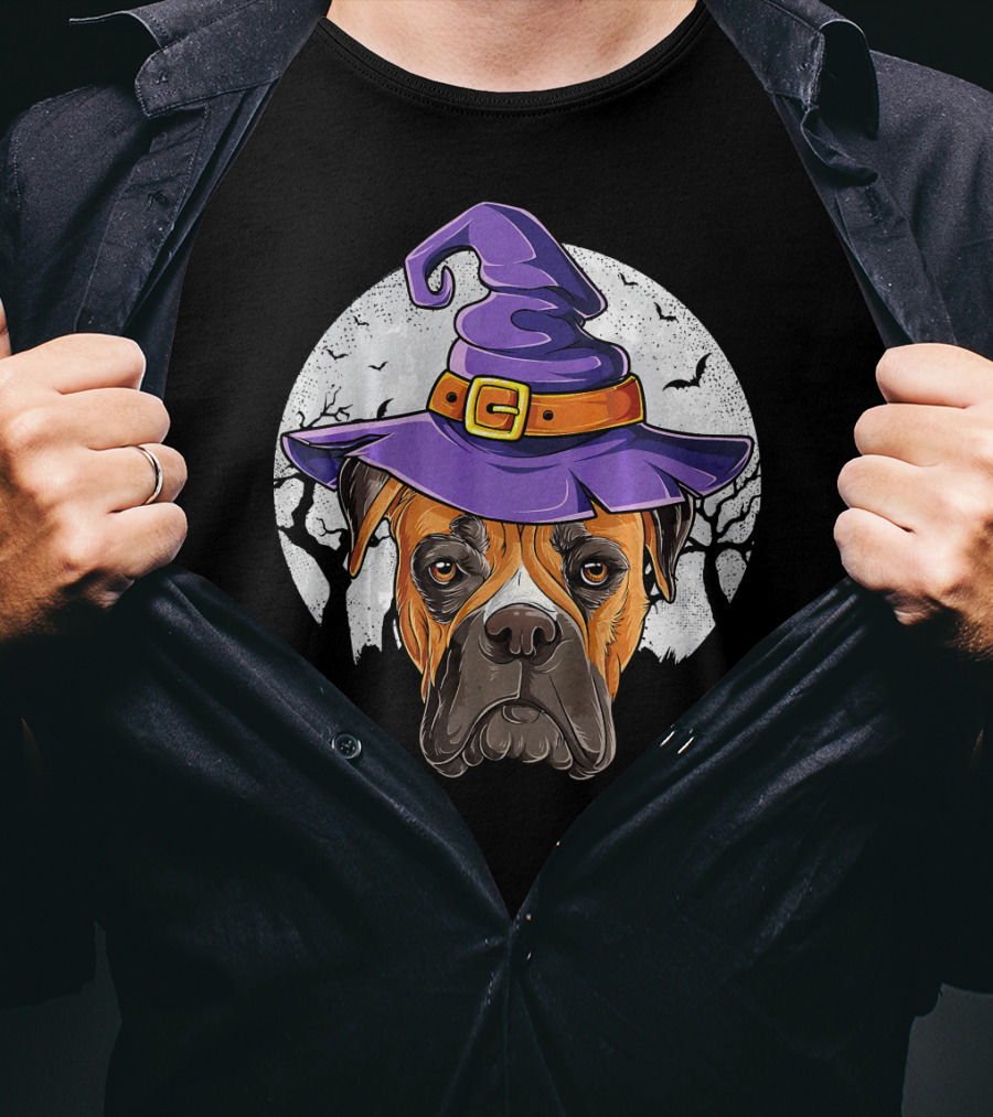 Boxer Dog Wearing Purple Witch Hat Under Full Moon With Bats Halloween T-Shirt