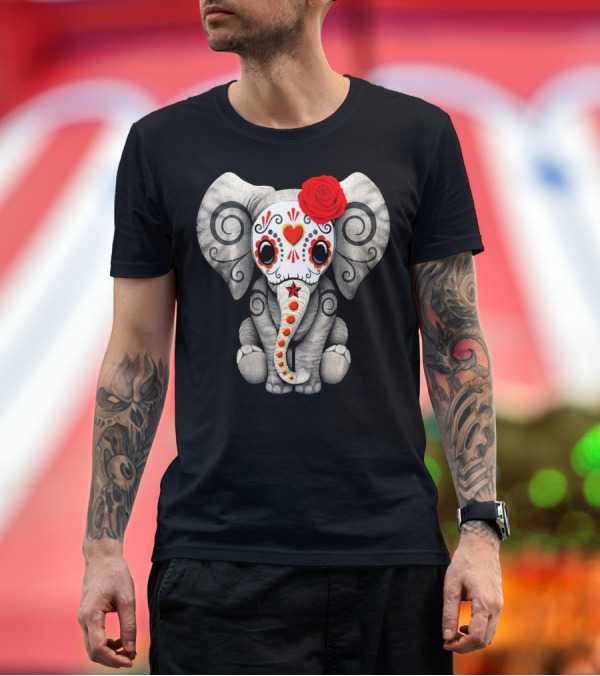 Premium T-Shirt: Sugar Skull Elephant with Red Rose Day of the Dead T-Shirt Sugar Skull Elephant with Red Rose Day of the Dead T-Shirt