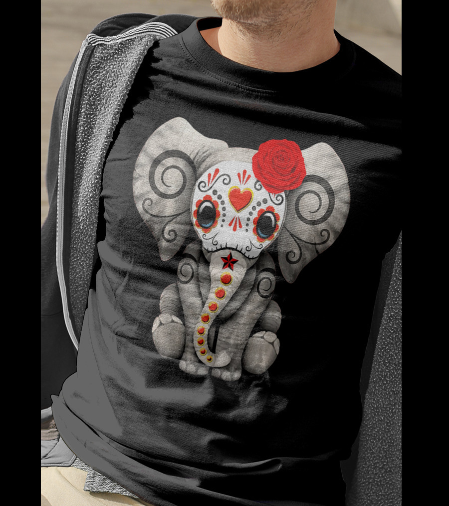 Sugar Skull Elephant With Red Rose Day Of The Dead T-Shirt