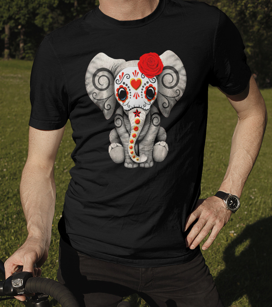 Sugar Skull Elephant With Red Rose Day Of The Dead T-Shirt