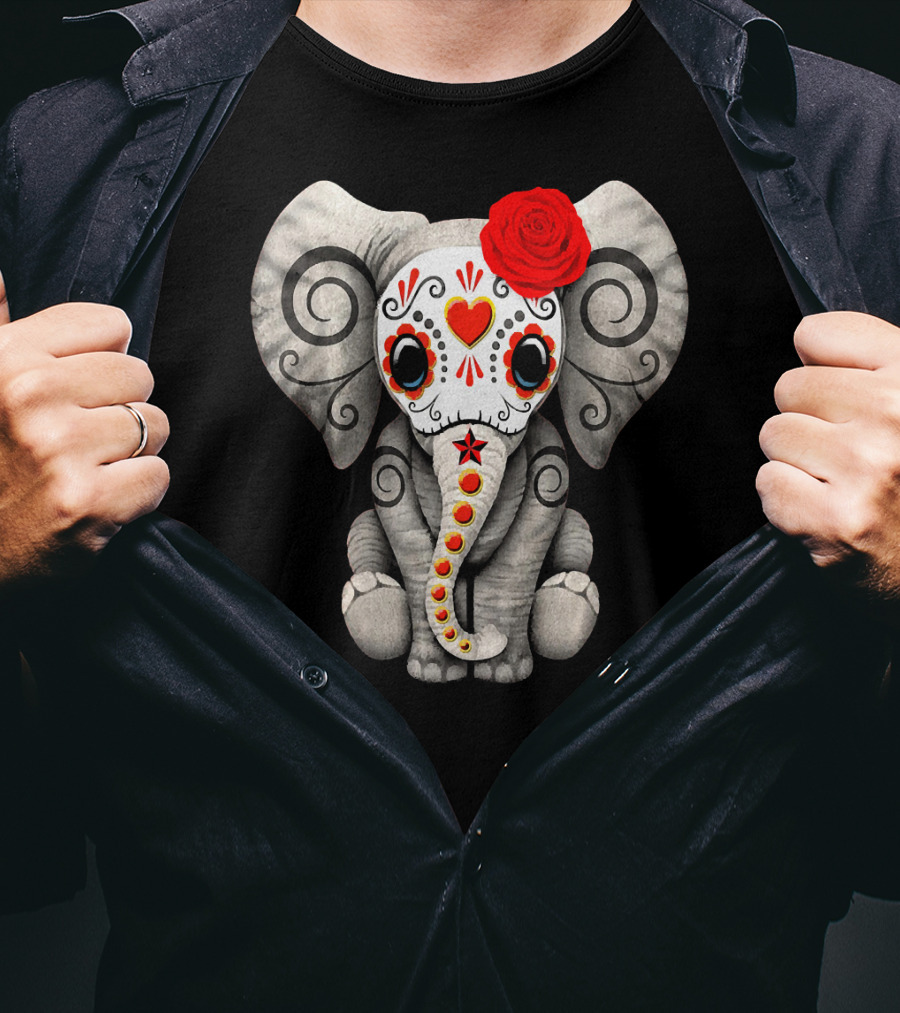 Sugar Skull Elephant With Red Rose Day Of The Dead T-Shirt