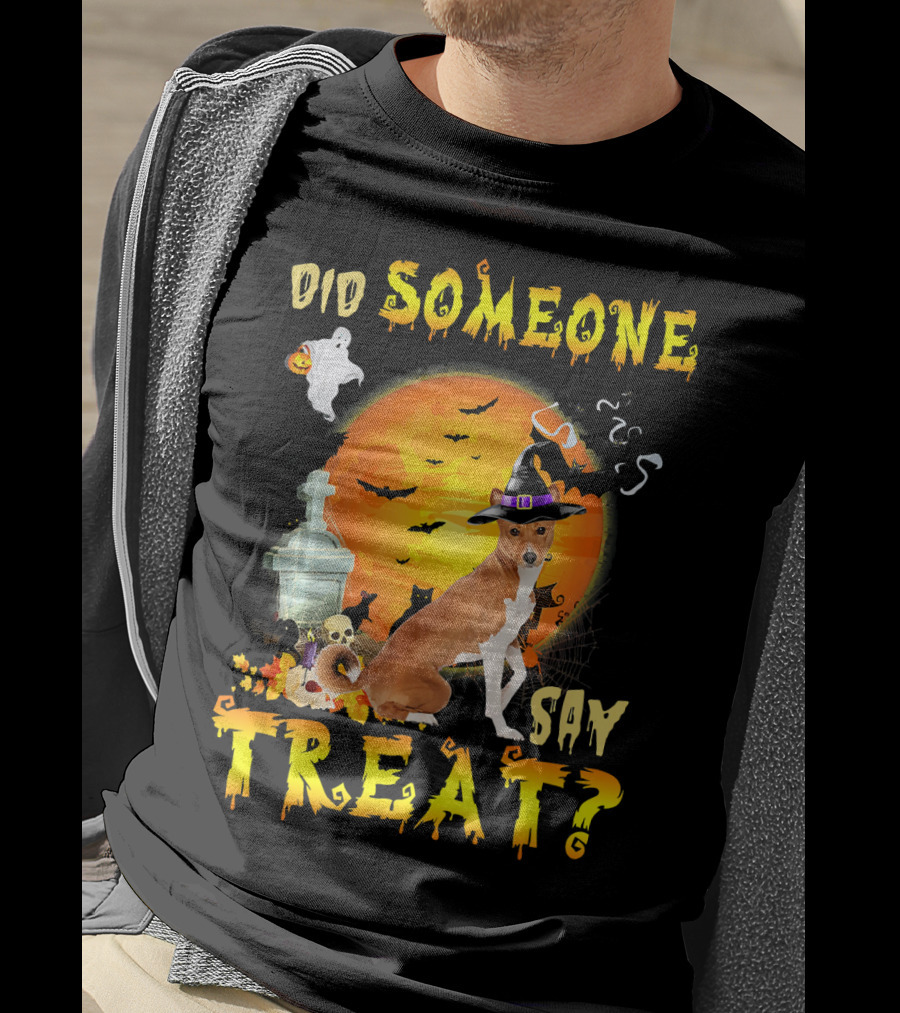 Did Someone Say Treat Basenji Halloween Moon Ghost Bats Witch Hat T-Shirt