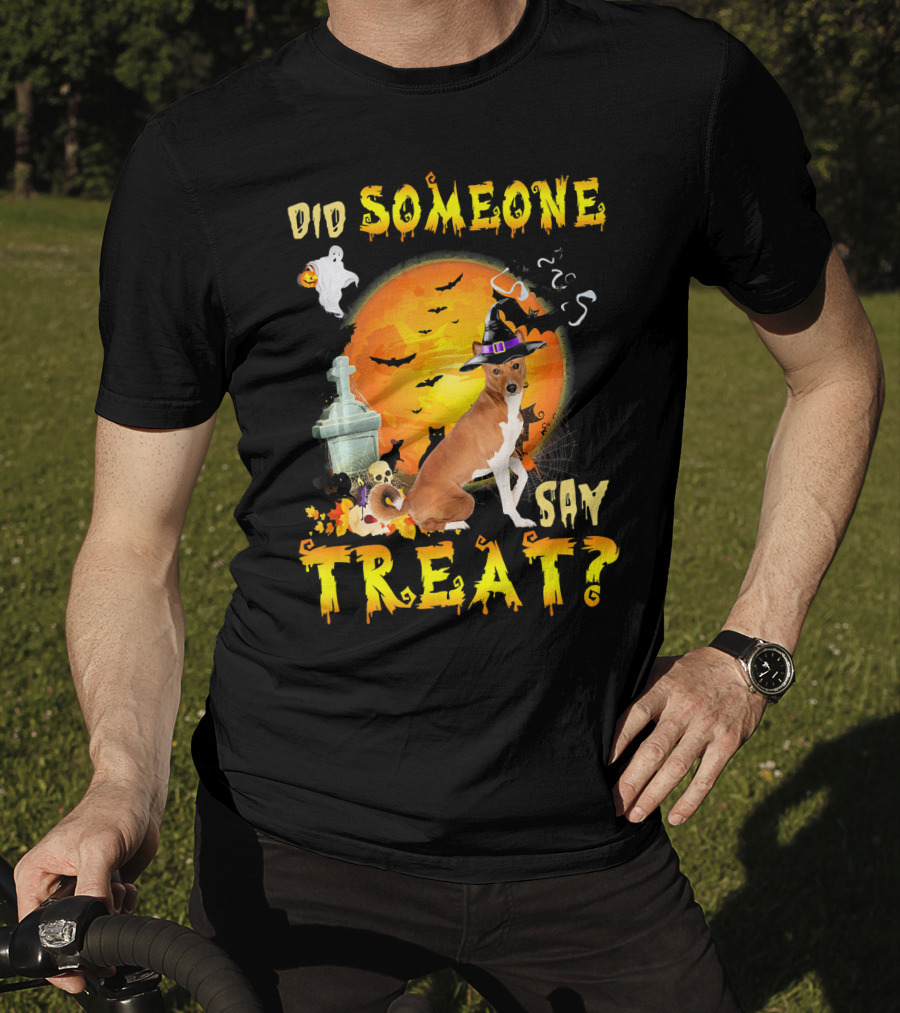 Did Someone Say Treat Basenji Halloween Moon Ghost Bats Witch Hat T-Shirt