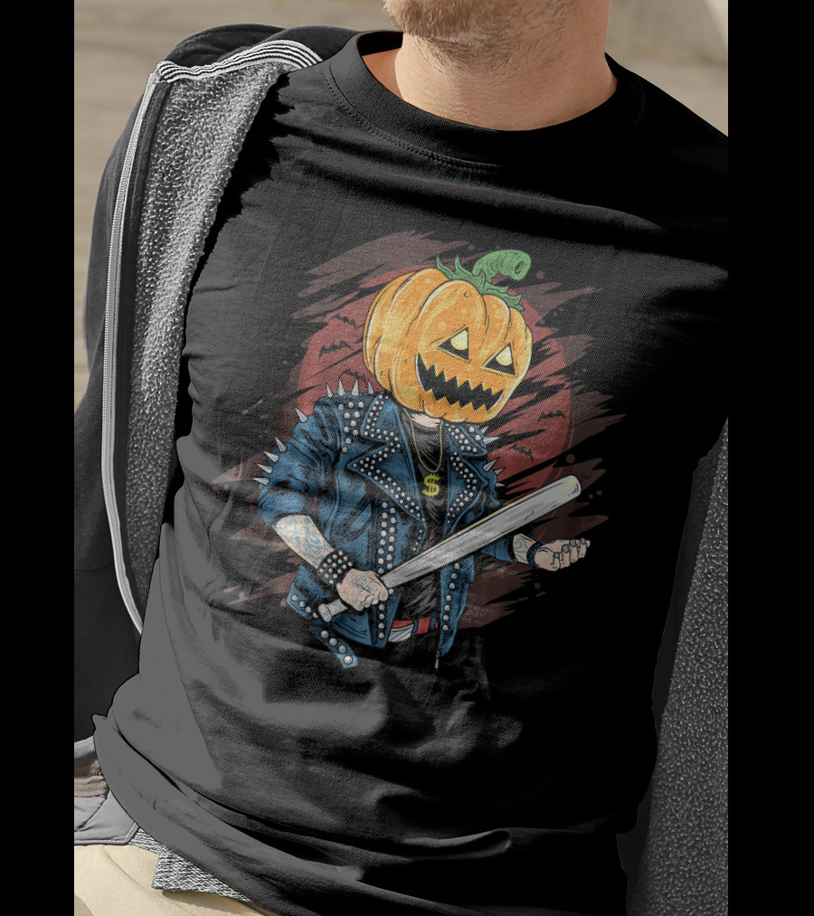 Punk Rocker Metalhead Pumpkin With Spiked Jacket And Baseball Bat T-Shirt