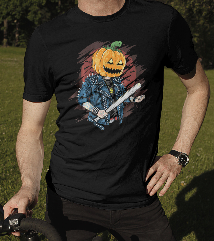 Punk Rocker Metalhead Pumpkin With Spiked Jacket And Baseball Bat T-Shirt