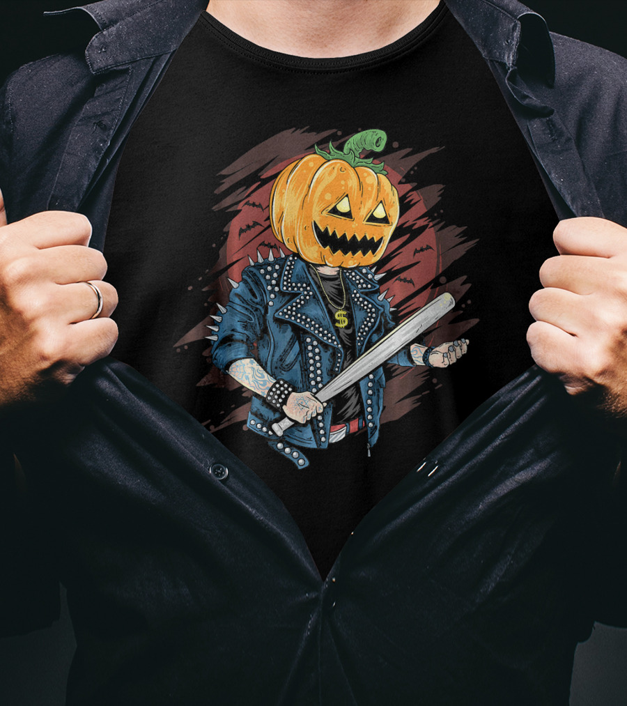 Punk Rocker Metalhead Pumpkin With Spiked Jacket And Baseball Bat T-Shirt