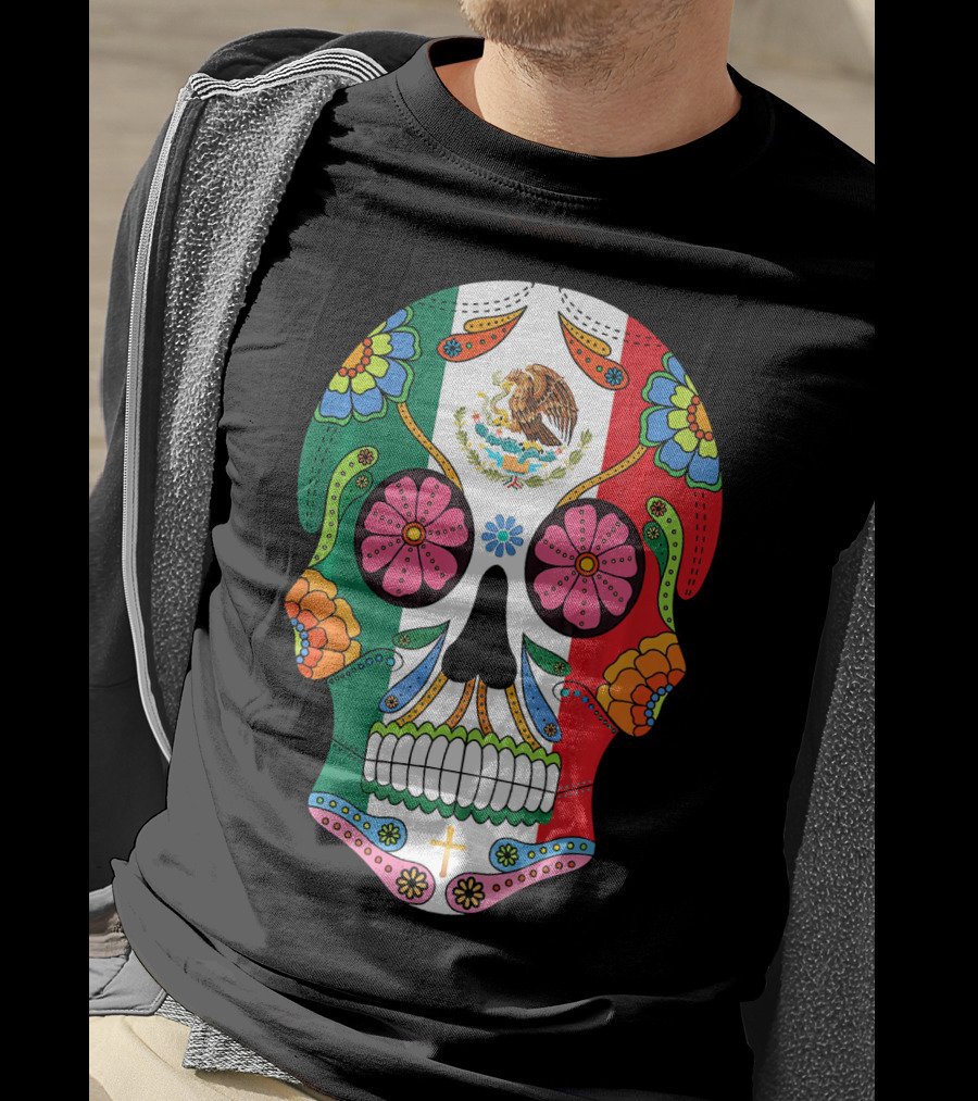 Mexican Flag Sugar Skull Eagle Floral Motif T-Shirt