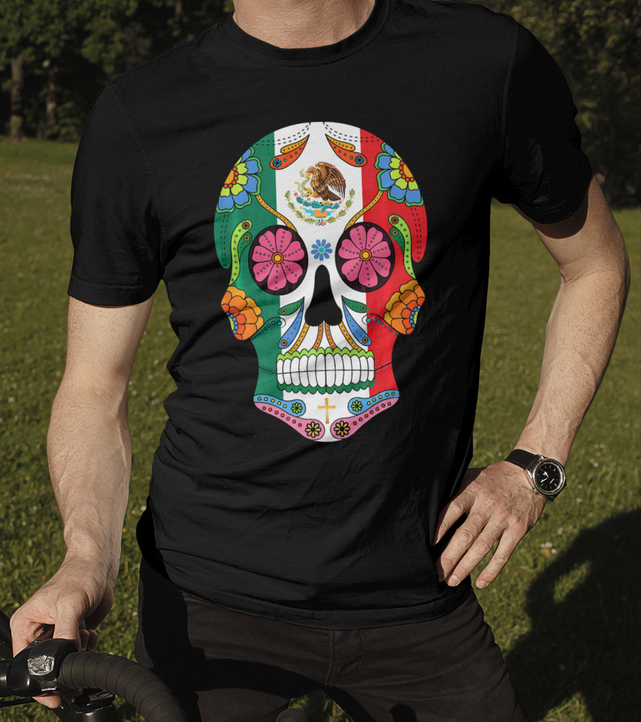 Mexican Flag Sugar Skull Eagle Floral Motif T-Shirt