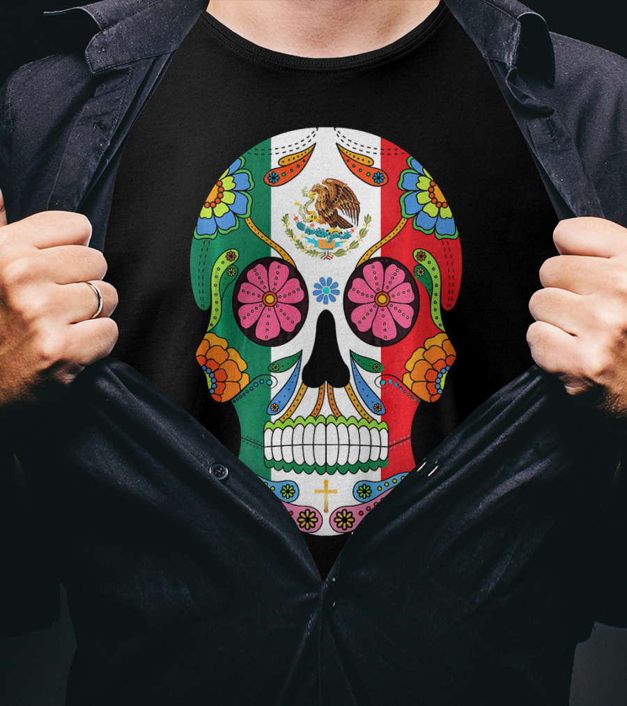 Mexican Flag Sugar Skull Eagle Floral Motif T-Shirt