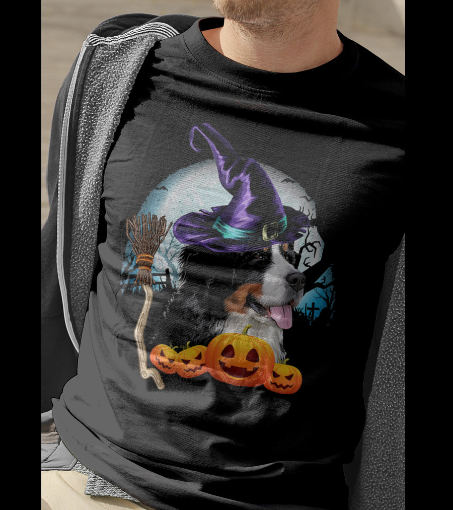 Bernese Mountain Dog In Witch Hat With Pumpkins And Broomstick Halloween Scene T-Shirt