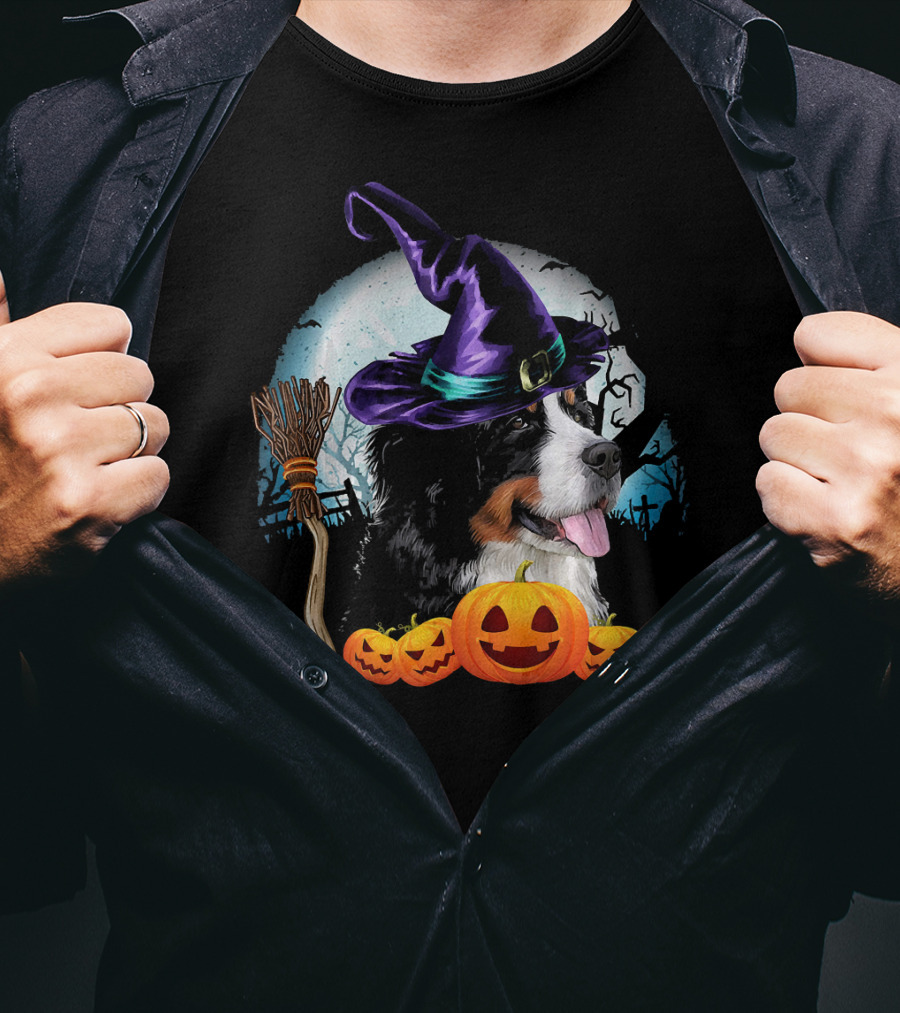 Bernese Mountain Dog In Witch Hat With Pumpkins And Broomstick Halloween Scene T-Shirt