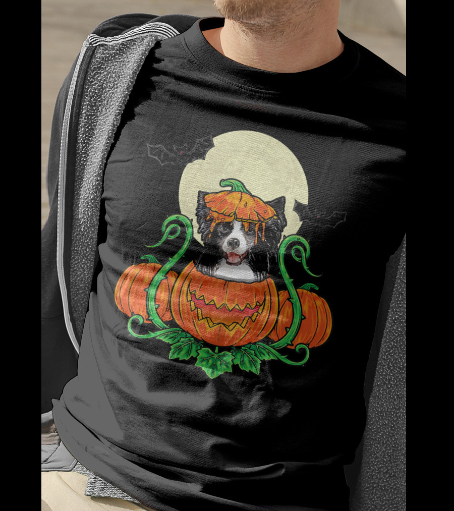 Border Collie Halloween Pumpkin Full Moon With Bats T-Shirt