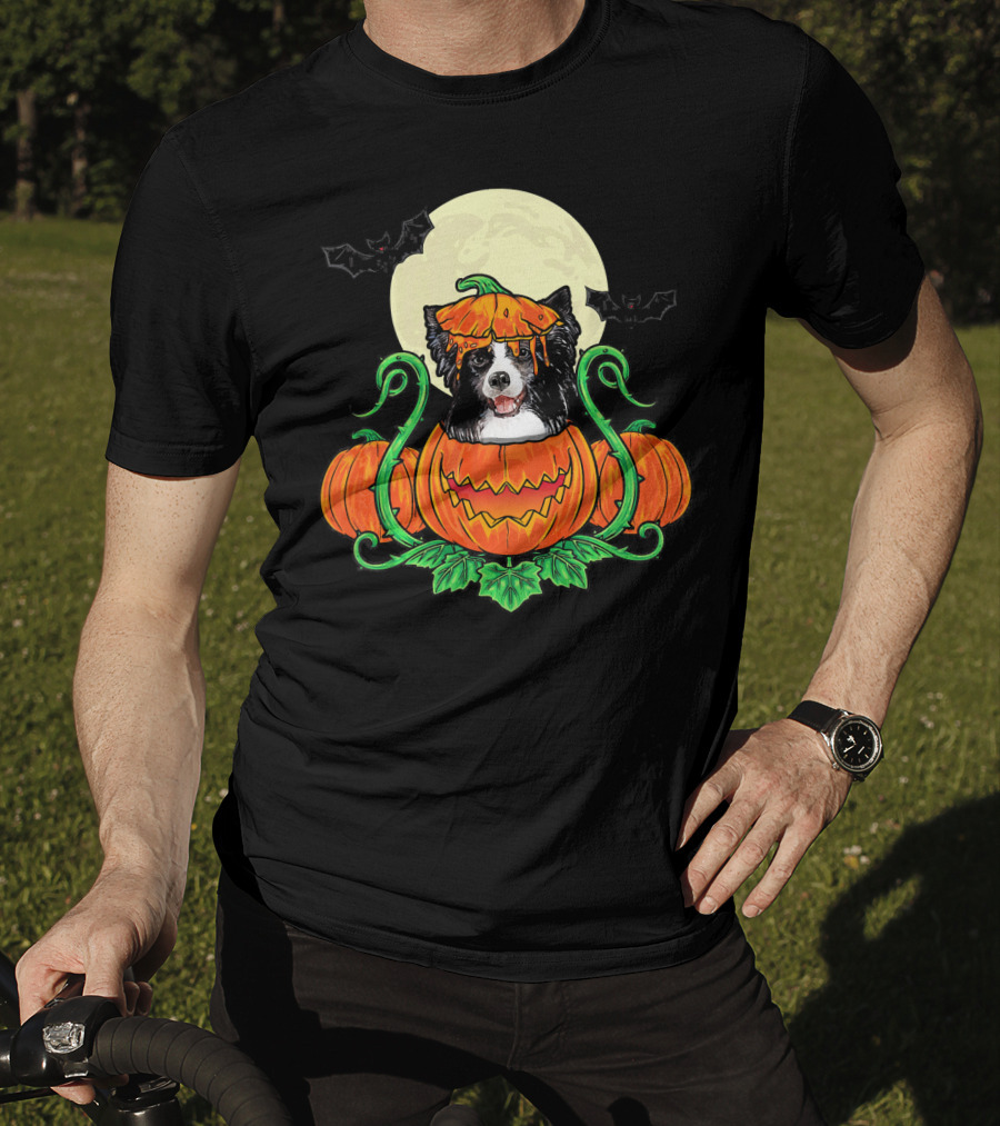 Border Collie Halloween Pumpkin Full Moon With Bats T-Shirt