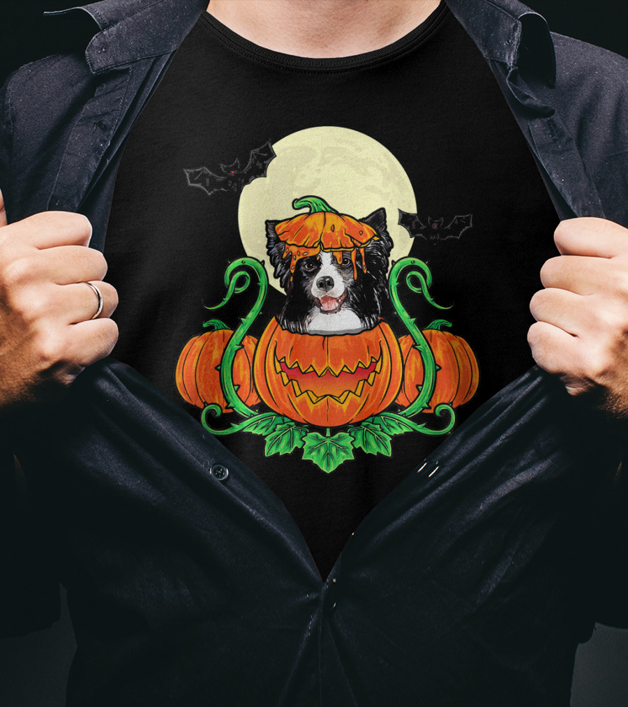 Border Collie Halloween Pumpkin Full Moon With Bats T-Shirt