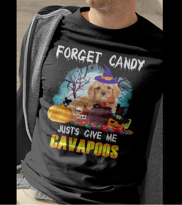 Forget Candy Just Give Me Cavapoos Halloween Puppy With Witch Hat And Pumpkins T-Shirt