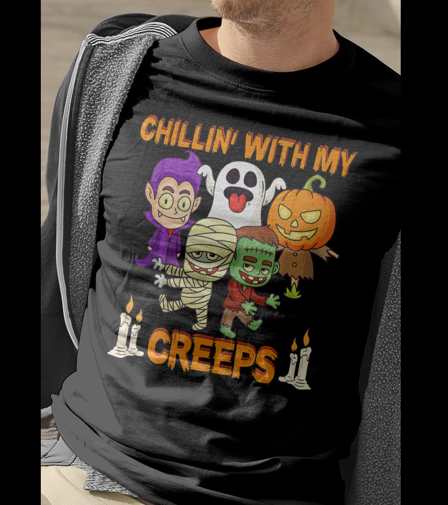 Chillin With My Creeps Ghost Mummy Frankenstein Vampire Pumpkin Candles T-Shirt
