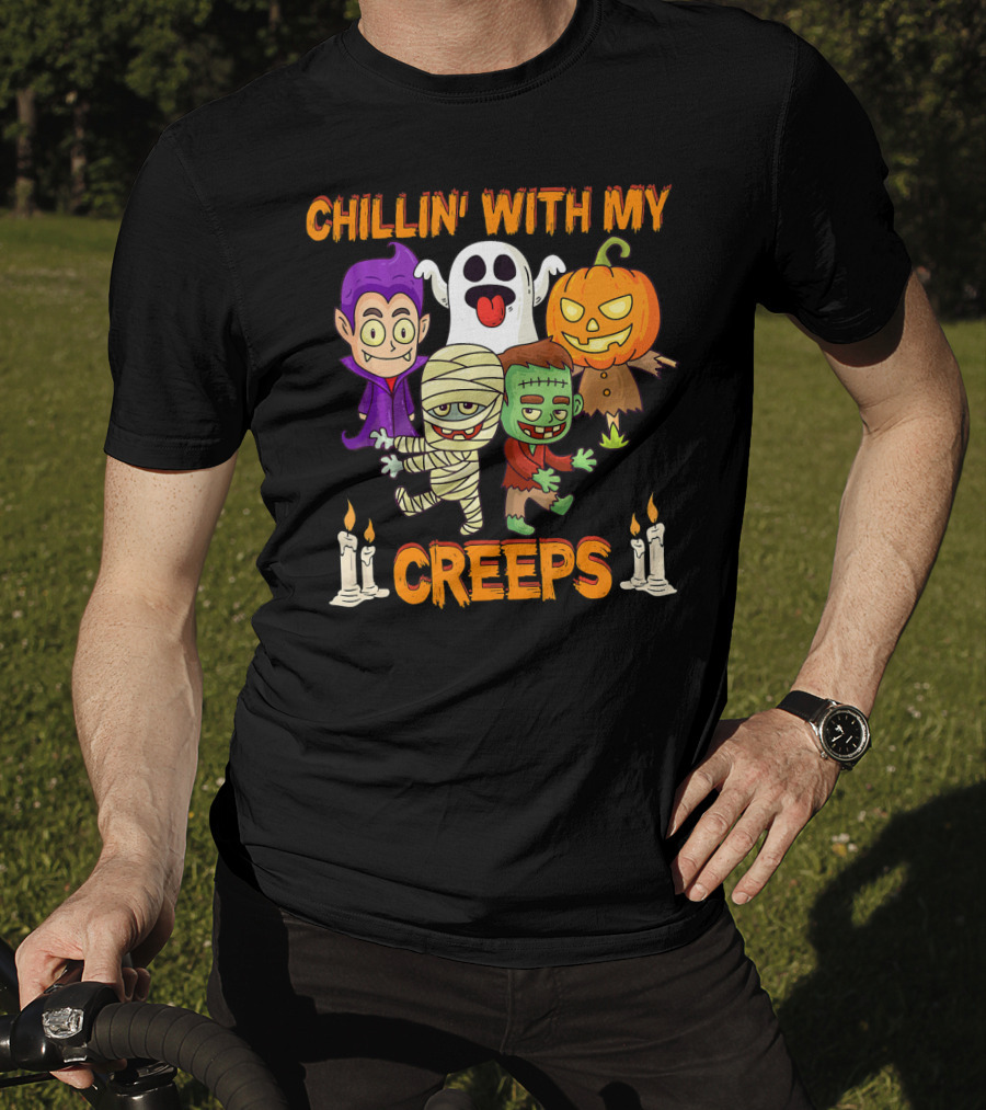 Chillin With My Creeps Ghost Mummy Frankenstein Vampire Pumpkin Candles T-Shirt