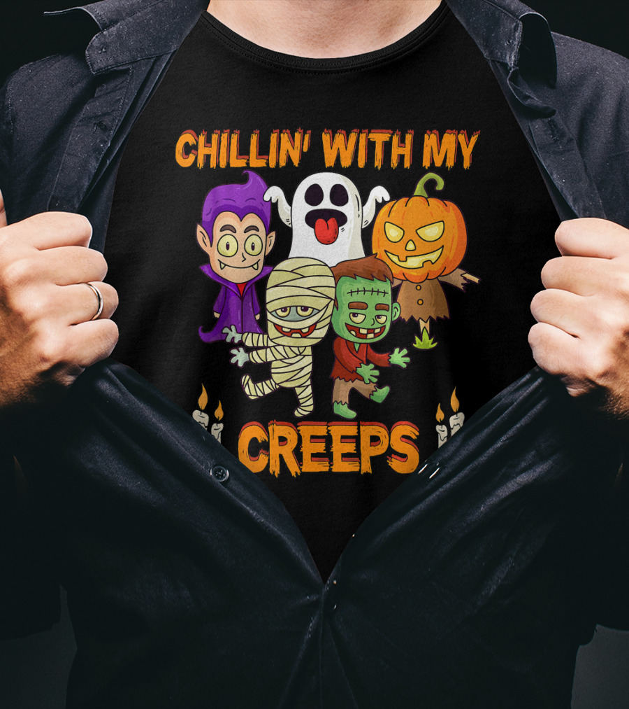 Chillin With My Creeps Ghost Mummy Frankenstein Vampire Pumpkin Candles T-Shirt