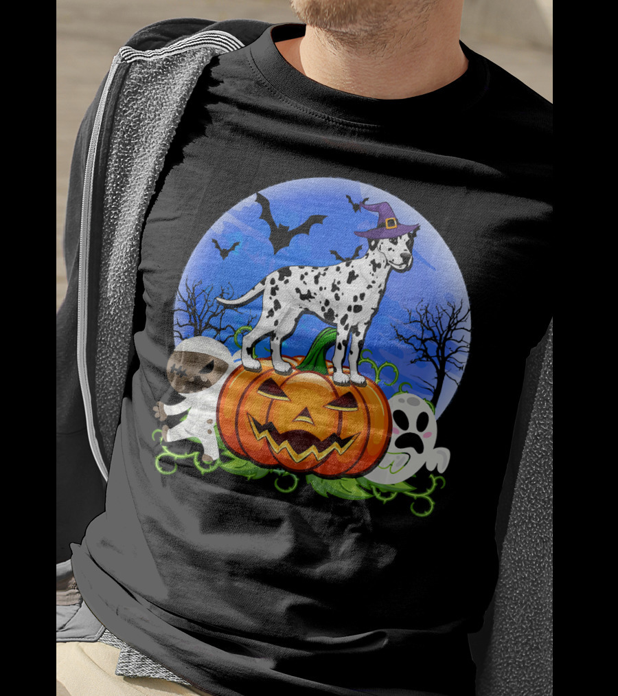 Dalmatian Pumpkin Halloween Mummy Ghost Moon Bats Trees T-Shirt