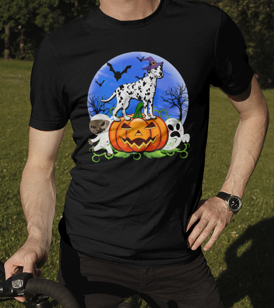 Dalmatian Pumpkin Halloween Mummy Ghost Moon Bats Trees T-Shirt