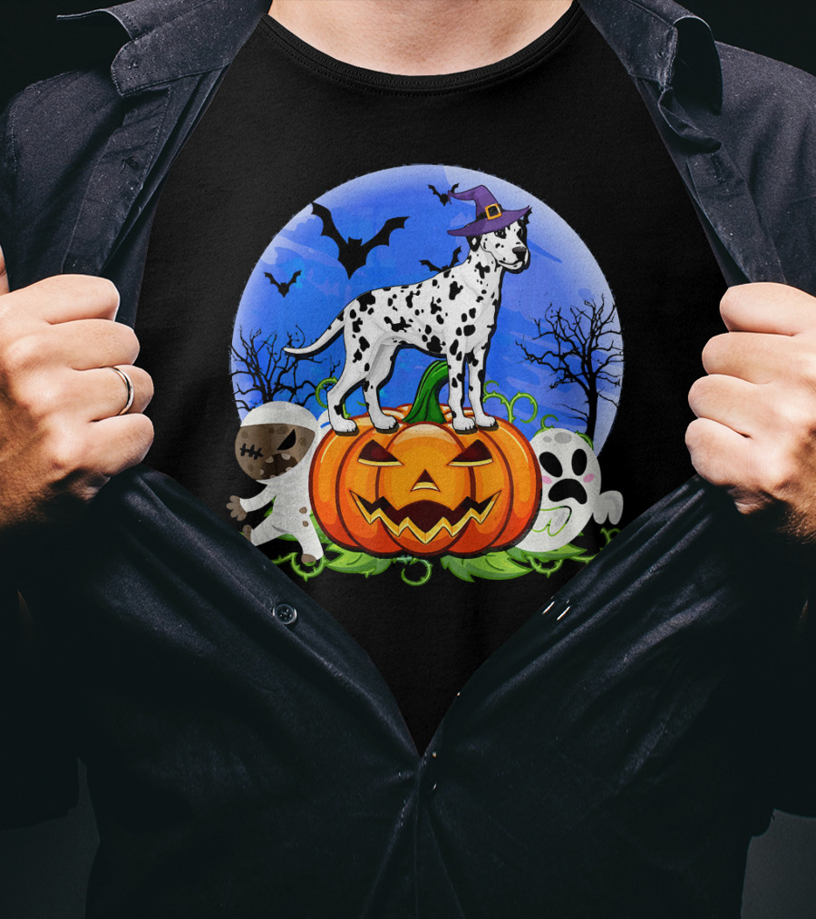 Dalmatian Pumpkin Halloween Mummy Ghost Moon Bats Trees T-Shirt