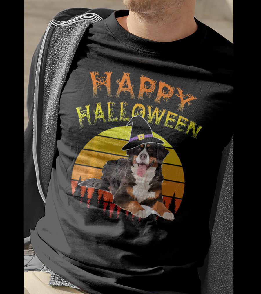Happy Halloween Bernese Mountain Dog Lover Witch Hat Sunset T-Shirt